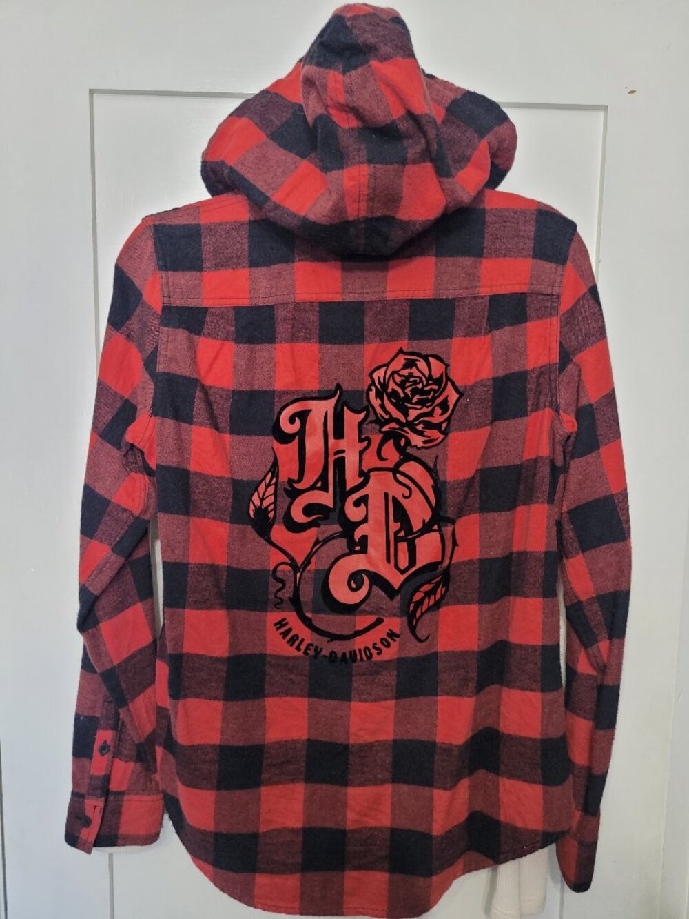Harley-Davidson Roses Women's Plaid Hooded Flannel Button Down M
